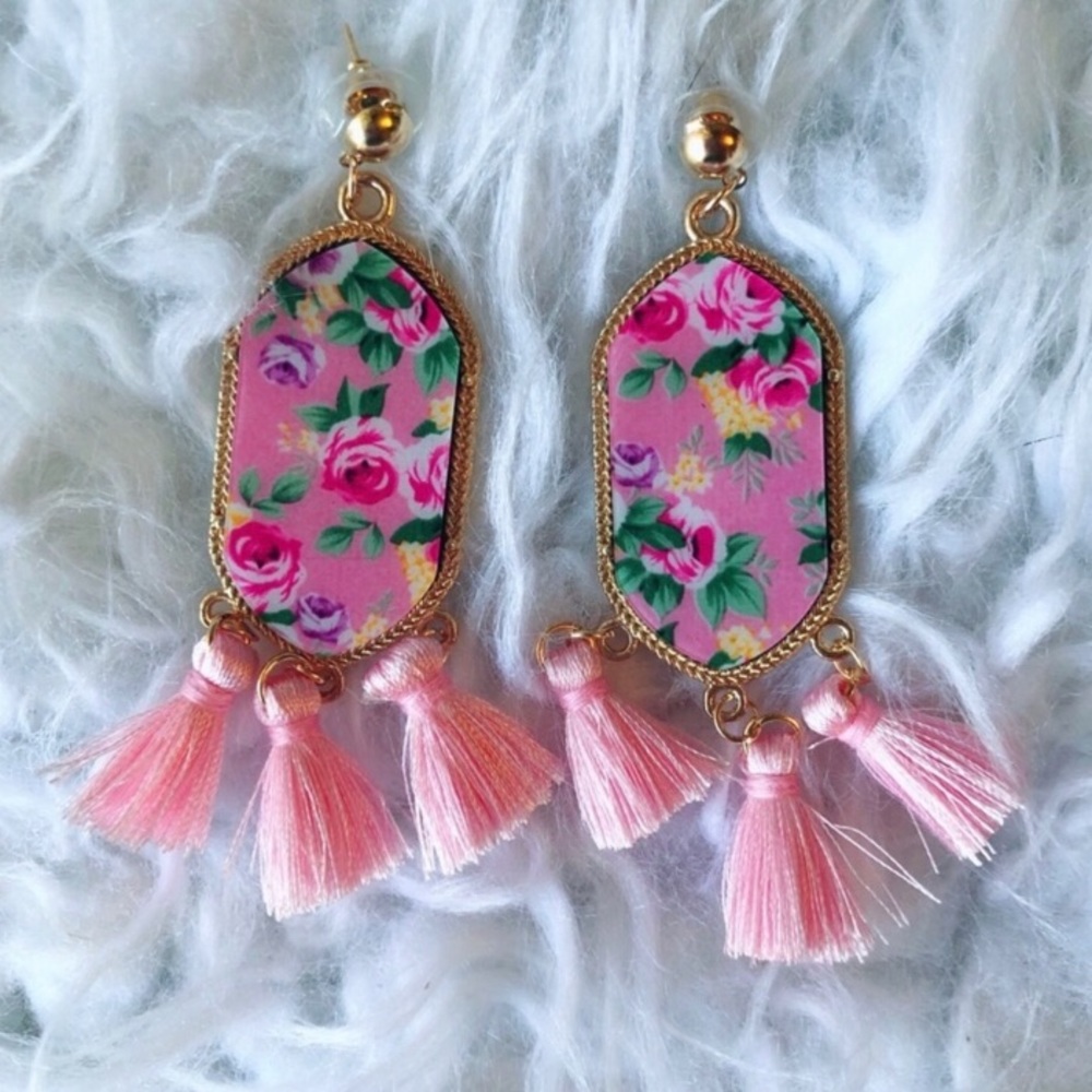 Pink Floral Earrings With Tassels